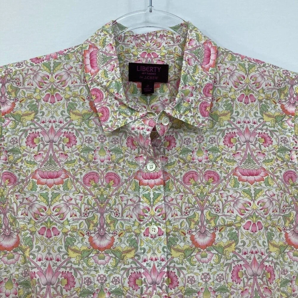 J. Crew sz 2 Liberty Art Fabric Pink Green Floral Lodden‎ Print Button Up Preppy